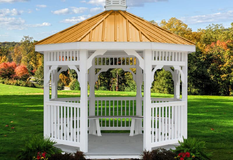 Vinyl gazebo with copper roof.